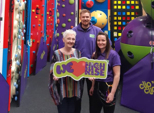 Marie Marin, Chief Executive of Employers For Childcare with Chris McBride, Fitness and Leisure Manager and Catrina Walsh, Operations Manager, pictured in the Clip ‘n Climb arena at High Rise Lisburn which reopens on Saturday July 2