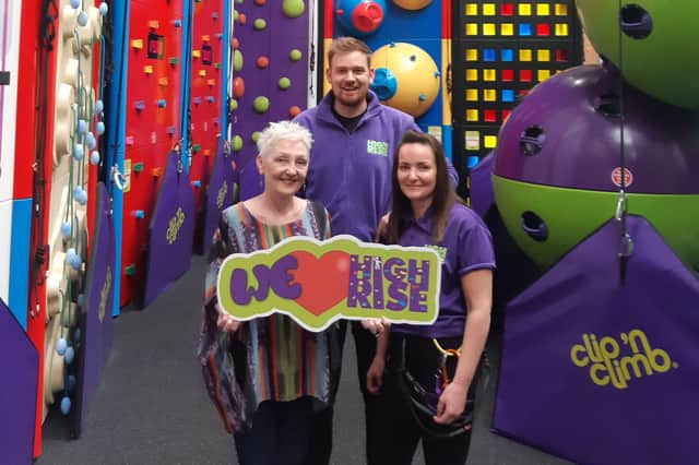Marie Marin, Chief Executive of Employers For Childcare with Chris McBride, Fitness and Leisure Manager and Catrina Walsh, Operations Manager, pictured in the Clip ‘n Climb arena at High Rise Lisburn which reopens on Saturday July 2