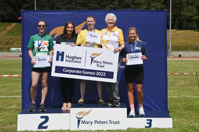 Left to right are Lauren Hassett of PwC, Kirsten Gowdy of Hughes Insurance, Craig Newell of Liberty IT, Lady Mary Peters and Janelle Hanna of Hughes Insurance at the recent inaugural Mary Peters Trust corporate games