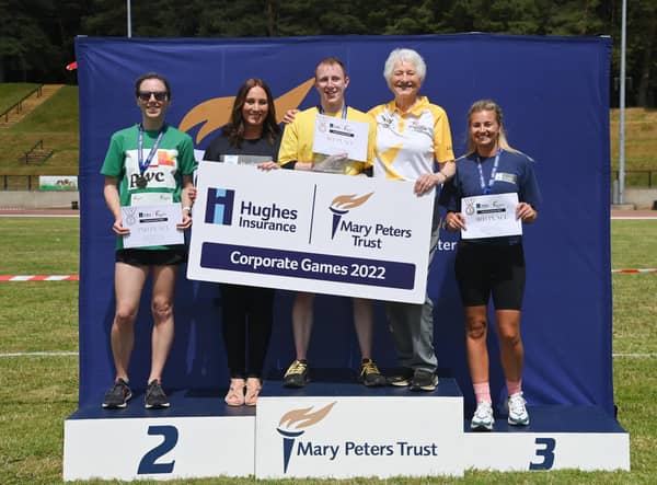 Left to right are Lauren Hassett of PwC, Kirsten Gowdy of Hughes Insurance, Craig Newell of Liberty IT, Lady Mary Peters and Janelle Hanna of Hughes Insurance at the recent inaugural Mary Peters Trust corporate games