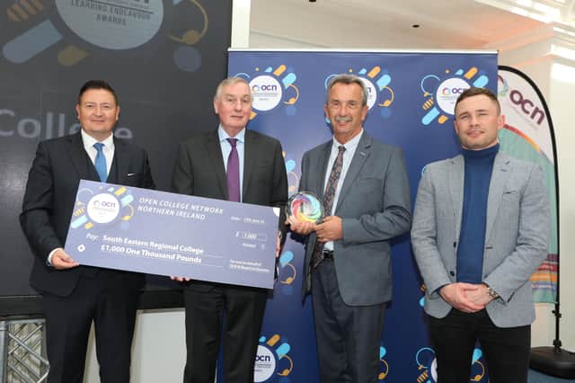 -R) Martin Flynn, CEO, OCN NI, Ken Webb, Chief Executive and Principal of SERC, Dr Michael Malone, Director of Curriculum with Carl Frampton MBE who presented the Awards