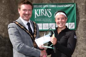 Mayor of Lisburn and Castlereagh Councillor Scott Carson presents Ruth Copas with the ladies singles award after winning the Kirks Bakery NI Open. Picture: Frederick Parkinson