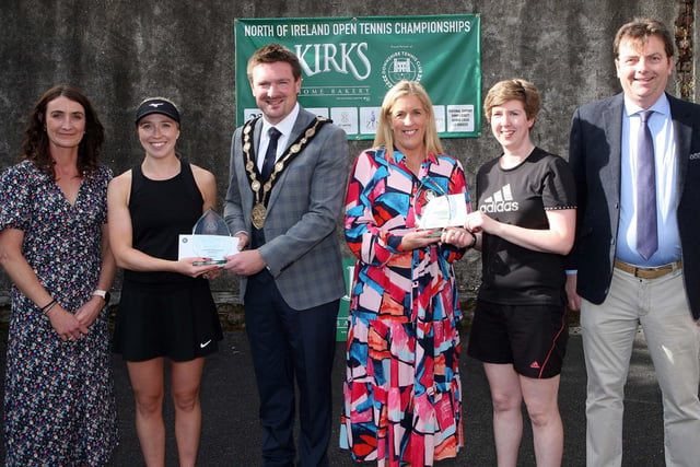 Winner of the Ladies Doubles Fiona Morrow and Christina Duncan. Pictured, left to right, Sharon Dennison, club captain, Fiona Morrow, Mayor Councillor Carson, Sonya Kirk, sponsor, Christina Duncan and Greg O’Rawe, president, Ulster Tennis. Picture: Frederick Parkinson