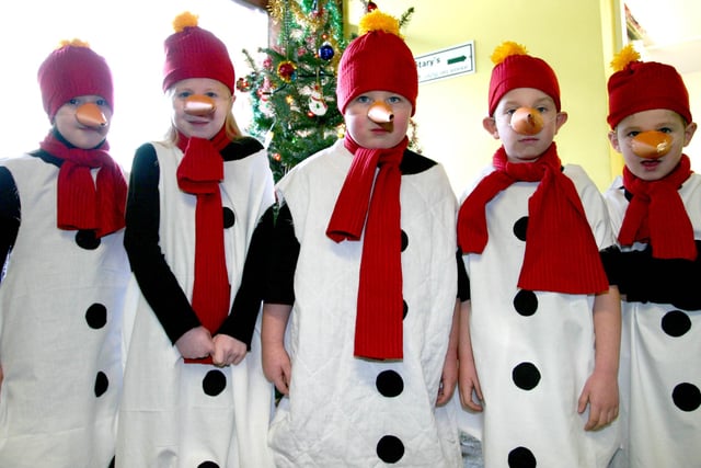 Dress as snowmen are these pupils from St.Brigids PS, Ballymoney pictured at their rehearsals of their Christmas Play.BM51-059JC
