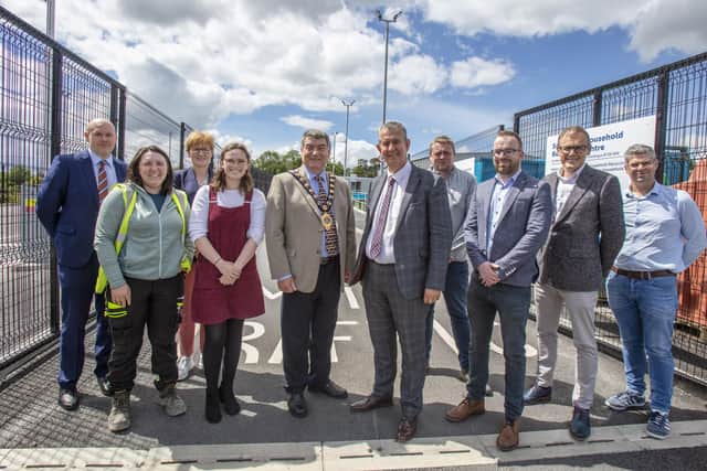 DAERA Minister Edwin Poots and the Mayor of Mid and East Antrim, Alderman Noel Williams, with tthe wider delivery team for Sullatober HRC at its official opening in Carrickfergus.