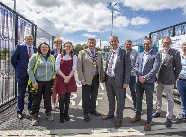 DAERA Minister Edwin Poots and the  Mayor of Mid and East Antrim, Alderman Noel Williams, with tthe wider delivery team for Sullatober HRC at its official opening in Carrickfergus.