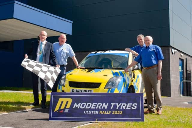 Pictured (left to right) is Michael Savage, chairperson of Newry and Mourne District Council, Jim Murphy, manager Modern Tyres Newry, Stephen Shaw, Modern Tyres’ Group sales and marketing manager, and Northern Ireland Motor Club representative David Gray