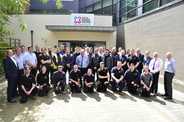 South Eastern Regional College (SERC) welcomed back it first cohort of Level 3 Fire Systems apprentices to celebrate and recognise their achievements.  The Apprentices are pictured with their employers, SERC lecturers and Trevor Jenks (centre, blue shirt) from the Security Systems and Alarms Inspection Board