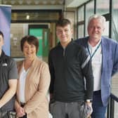 (L-R) Northern Regional College lecturer Gareth Spratt, Bailey Gibson, Vice Principal for Teaching and Learning Christine Brown, Conor Dallas and lecturer Ian Forsythe celebrating Bailey and Conor’s SkillBuild NI success