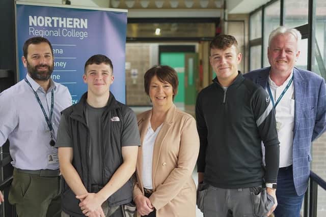 (L-R) Northern Regional College lecturer Gareth Spratt, Bailey Gibson, Vice Principal for Teaching and Learning Christine Brown, Conor Dallas and lecturer Ian Forsythe celebrating Bailey and Conor’s SkillBuild NI success