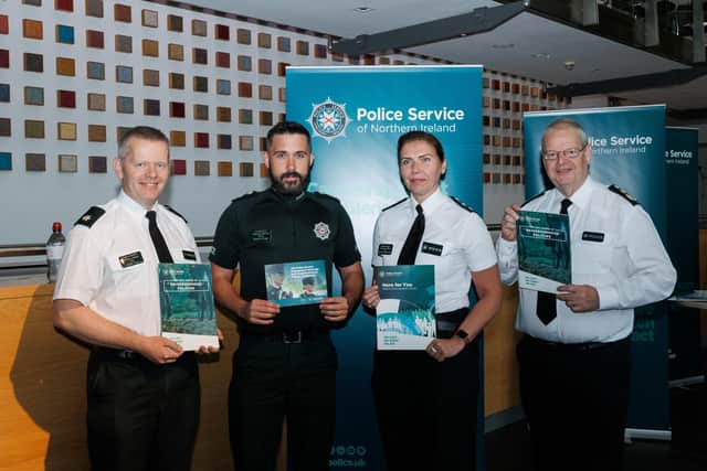 Superintendent Jeremy Lindsay pictured along with Inspector Stevie Burns, Chief Inspector Louise Cummings and Chief Constable Simon Byrne at the launch of the Policing Engagement Strategy and Neighbourhood Pledges