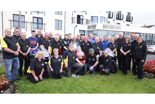 Pictured are road racers Jamie Coward, Adam McLean, Darryl Tweed, Neil Kernohan and James Rothery with members of the Armoy Motorcycling Road Races Club
