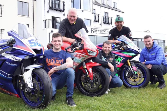 Pictured is Bill Kennedy MBE, Chair and Clerk of the Course along with road racers Jamie Coward, Adam McLean, Darryl Tweed and Neil Kernohan