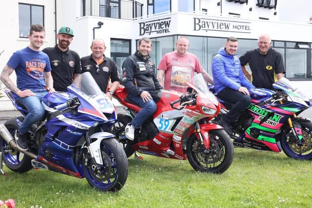 Pictured is Stanley Stewart representing Steadplan Sales, which are sponsors of the 750cc Classic Superbike race with riders Jamie Coward, Adam McLean, Darryl Tweed, Neil Kernohan and James Rothery with members of the Armoy Motorcycling Road Races Club and Chair and Clerk of the Course, Bill Kennedy MBE