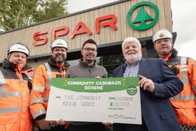 Members of The Community Rescue Service being presented with £10,000 grant at SPAR Milltown Rd. (L-R) Search Technician Murrough McDonagh, District Commander Barry Torrens, SPAR Milltown Rd Store Manager David Buckley, Regional Commander Sean McCarry, Assistant Unit Commander Ruari Bailey