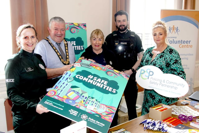Sergeant Wendy Nixon (PSNI), the Mayor of Causeway Coast and Glens Borough Council Councillor Ivor Wallace, Crime Prevention Officer Judith Lavery, Stephen Collins, Neighbourhood Police Officer, and Ashleen Schenning, Manager of Limavady Volunteer Centre pictured at the information event held in Ballymoney Town Hall