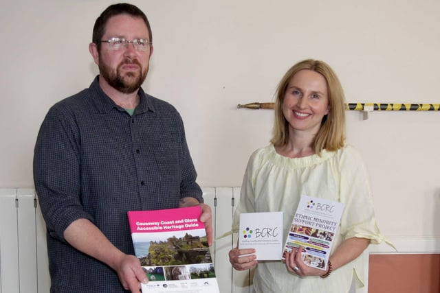 Dr Nicholas Wright, Causeway Coast and Glens Borough Council Museum Services Community Engagement Officer and Gosha O’Hagan, Ethnic Communities Officer, Building Communities Resource Centre at their information stand in Ballymoney Town Hall
