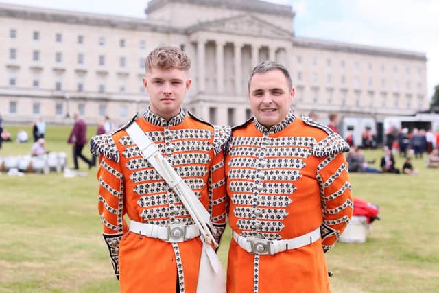 Keith Patterson with his son Keith from Cookstown Sons of William Flute Band at the NI Centenary event at Stormont. Picture: Jonathan Porter/PressEye