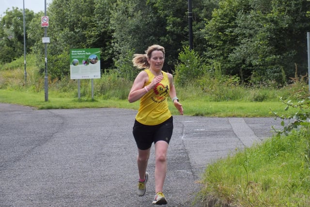 Jane Thom on her way to third lady at the Ecos Parkrun, Ballymena