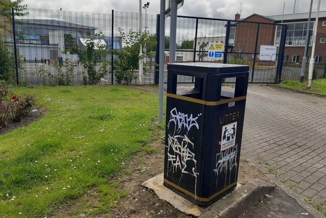 Litter bin outside the now closed Cascades Leisure Centre in Portadown has been plastered in graffiti.