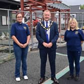 The Mayor of Antrim and Newtownabbey, Ald Stephen Ross with Gemma Jackson and Doreen Beattie (Rathfern Community Regeneration Group Ltd).