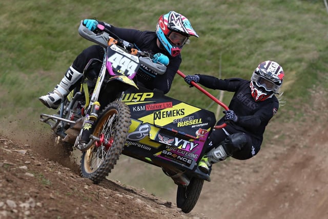 Number 444 Jack Shepherd and Louise Houston in the Sidecar Championship at Laurelbank Motocross Park, Saintfield. Photo By Andrew McKinstrey.