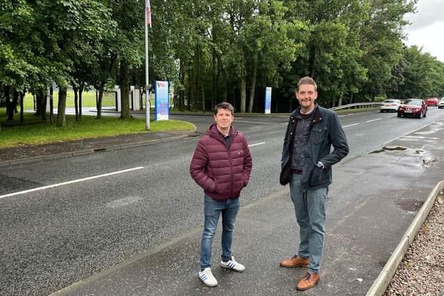 Cllr Ben Mallon and Phillip Brett MLA pictured at the Church Road entrance to the V36 park.