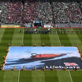 Volunteer Lifeboat crew from around Ireland promote the RNLI’s drowning prevention partnership with the GAA on the pitch at Croke Park during the GAA Hurling All-Ireland Senior Championship Semi-Final between Limerick and Galway. Photo by Daire Brennan/Sportsfile