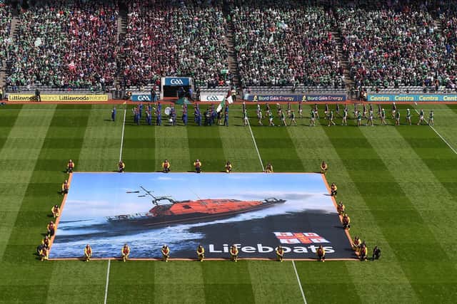 Volunteer Lifeboat crew from around Ireland promote the RNLI’s drowning prevention partnership with the GAA on the pitch at Croke Park during the GAA Hurling All-Ireland Senior Championship Semi-Final between Limerick and Galway. Photo by Daire Brennan/Sportsfile