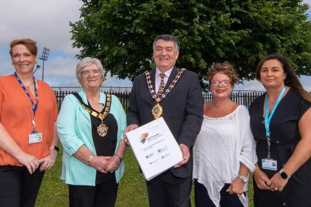Helen McClean, Age Friendly Co-ordinator MEA, Cllr Beth Adger, Deputy Mayor and Age Friendly Champion MEA, The Mayor Ald Noel Williams, Ald Gerardine Mulvenna, Age Friendly Champion MEA and Janine Gaston, Health and Social Wellbeing Improvement, Public Health Agency