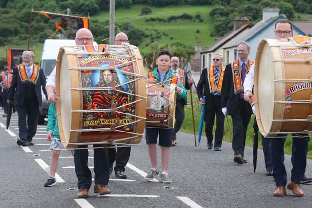 Lambegs pictured during the Braid District parade in Carnlough in 2019. Picture: Kevin McAuley / McAuley Multimedia