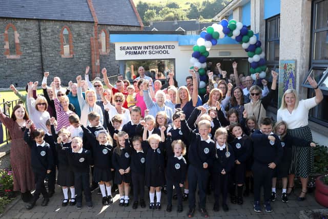 Celebrating the new integrated status Seaview Primary School in Glenarm in September 2021. Picture: Declan Roughan / Press Eye