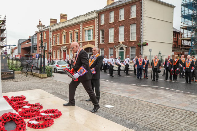 WDM Lisburn LOL No6 District Paul Graham laid a wreath at the war memorial at the start of the Somme Parade.  Pic by Norman Briggs, rnbphotographyni