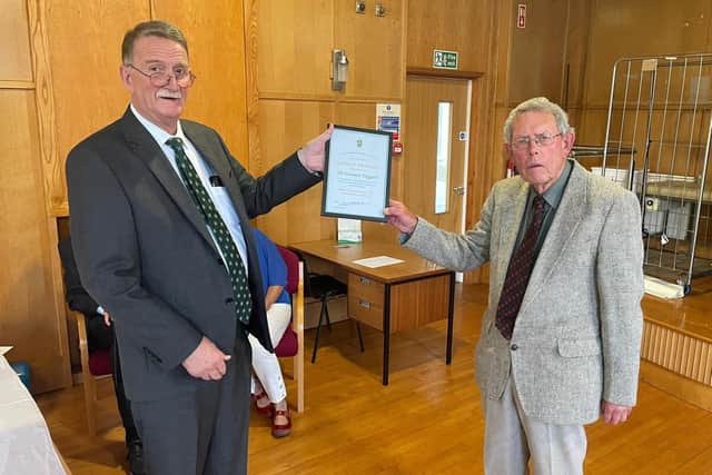 Presentation by President David Robinson of Honorary Life Membership awarded to Mr Connor Taggart in appreciation of his 37 years service to the Robinson Trust Board including 14 years as highly respected Honorary Treasurer