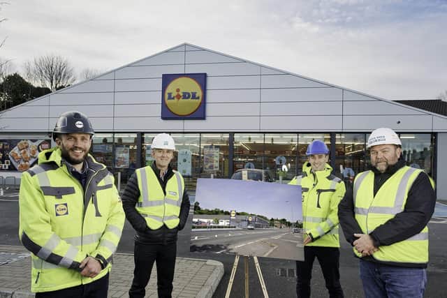 At the new Lidl store on the Shore Road are, from left: Scott Nelson, Senior Construction Manager, Lidl Northern Ireland; Damien Murray, Director, Geda Construction; Chris Speers, Regional Property Executive, Lidl Northern Ireland; and Neil Matthewman, Site Manager, Geda Construction.