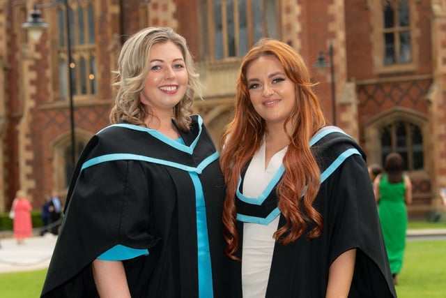 Queen's Nursing Student of the Year 2022, Alexandra Macauley from Newtownabbey (right) and Gemma Carey from Ballymena (left) celebrate graduating with a degree in Adult Nursing