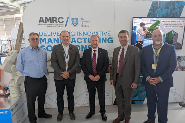 Mayor of Antrim and Newtownabbey alderman Stephen Ross with Richard Scaife, AMRC regional development director, Ben Morgan, AMRC research director, Prof Paul Maropoulos, director of AMIC and David Robinson, head of BRCD financial management QUB