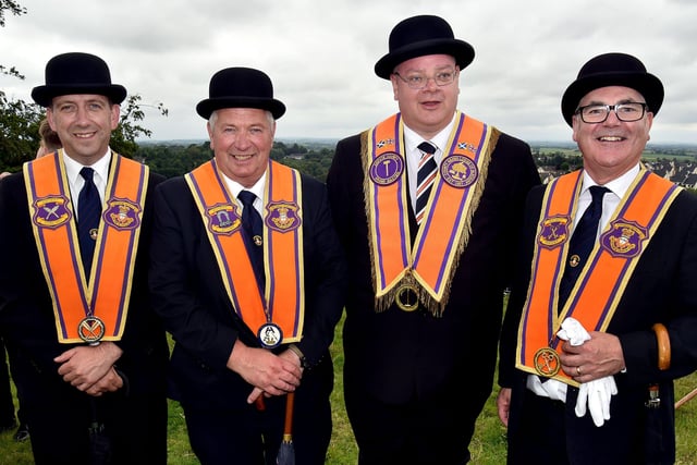 Posing proudly at the Armagh 12th demonstration are from left, Mark Thompson and Adrian Branyan, Portadown District, Jamie Crawford, Glasgow, and Nigel Dawson, Portadown District. NL28-219.