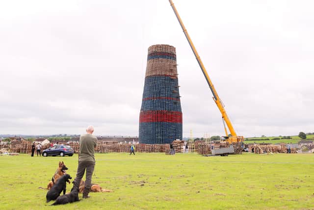 The Craigyhill bonfire in Larne before the final touches were put to the structure.  Picture: Jonathan Porter/PressEye