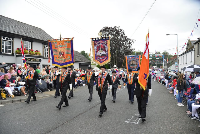 The parade moved off from the assembly field on the Donaghmore Road, headed by Castlecaulfield's own WJ Armstrong Memorial Pipe Band and Lodge LOL 45. 
Picture : Arthur Allison/Pacemaker Press