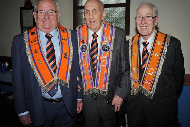 Sam Beattie, Norman McKeown and Bobby McDowell of Cromkill LOL 543 at the Ballymena Twelfth. Picture: Pacemaker Press