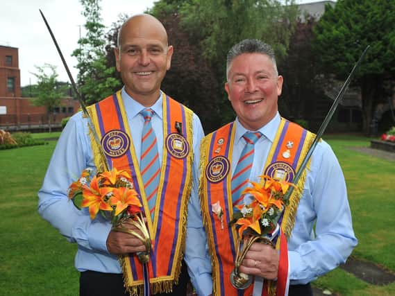 Alistair Crooks and Eddie Gilmore of Dunfane LOL 591 at the Twelfth in Ballymena. Picture: Pacemaker Press
