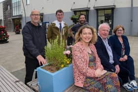 Kathryn Campbell DFC Regional Development Office, Councillor Robin Stewart, Lynda Hill LRG Second Row: Mark Dobbin Vice Chair of Larne Traders Forum, Eamon McMullan Capital Regeneration Manager, Andy King LRG
