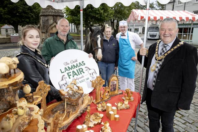 Pictured in the Diamond area of Ballycastle for the launch of this year’s Ould Lammas Fair are Shauna McFall (Vice-Chair of Ballycastle Chamber of Commerce), Naturally North Coast and Glens Artisan Market trader Gerard Gray from Taisie Turning, Molly McKee with her horse, ice-cream maker Keith Douthart and the Mayor of Causeway Coast and Glens Borough Council Councillor Ivor Wallace