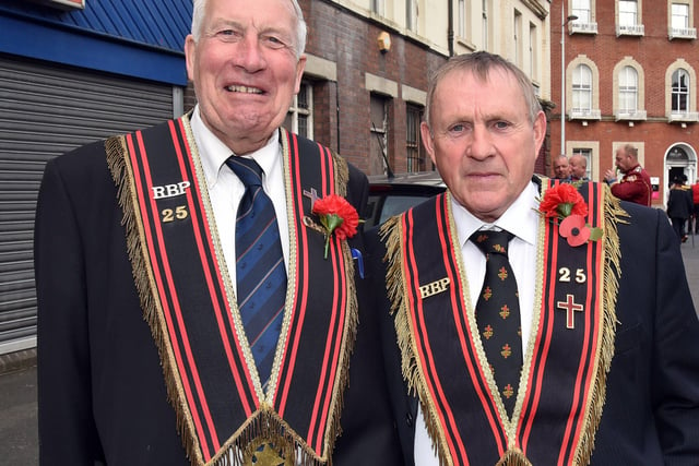 Looking smart on the 13th are Sir Knights, Barry Cooke, left, and Harry Bowles. PT29-203.