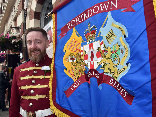 Portadown True Blues Flute Band standard bearer, Andrew McCaughey. PT29-204.