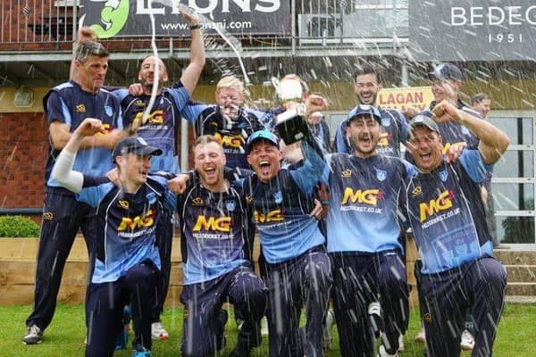 Carrickfergus celebrate winning the 2021 LVS Twenty20 Cup