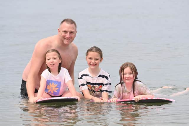 Having a splashing time at Seapark near Holywood, Co Down are Mia,Charlotte and Melissa pictured with dad Gavin Willoughby. 
Picture: Press Eye