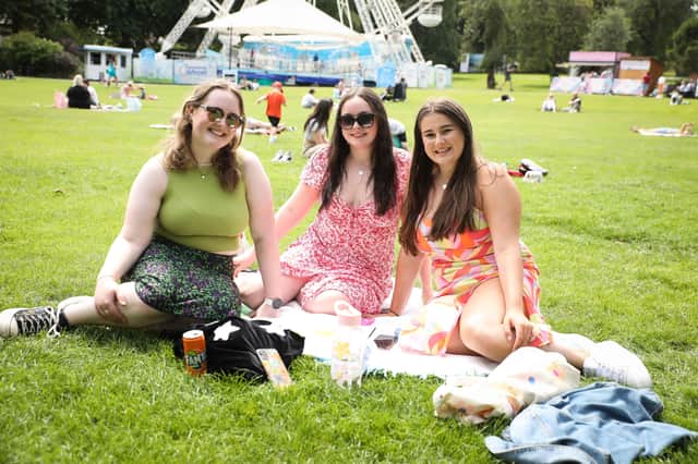Molly Flowers, Emily Crutchley and Olivia Jones making the most of a sunny Sunday at Botanic Gardens, Belfast. Picture: Kelvin Boyes / Press Eye.