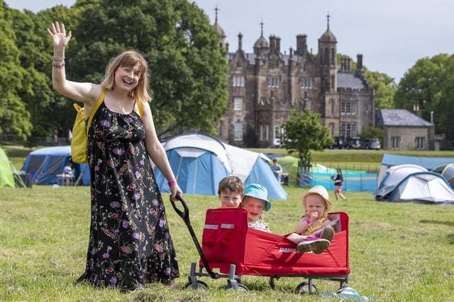 Lynsay Warnock with Sam and Abigail Grounds  and Willow Spratt from Belfast, wake up to day one at Dalfest 2022 at Glenarm Castle estate.